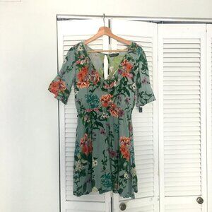 NWT Rock & Religion Blue Floral Print Mini Dress with Flounce Sleeves (UK 8 / US